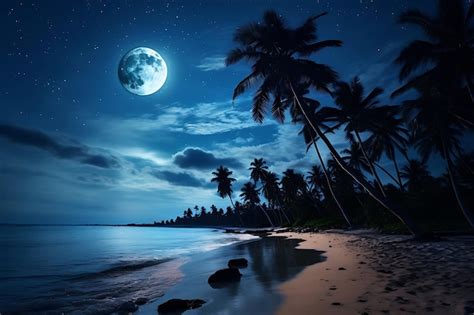 Premium Photo Photo Of Moonlit Beach With Palm Trees Silhouetted