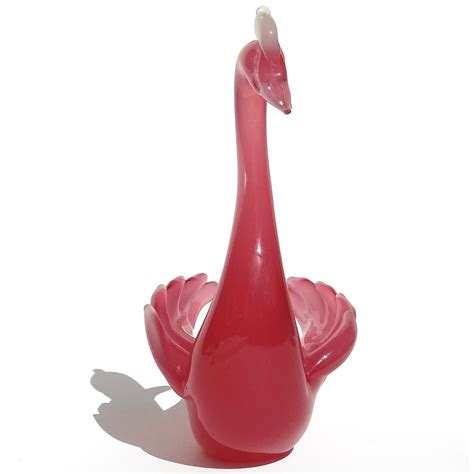 Seguso Murano Opalescent Dark Pink White Italian Art Glass Swan Bird Sculpture For Sale At