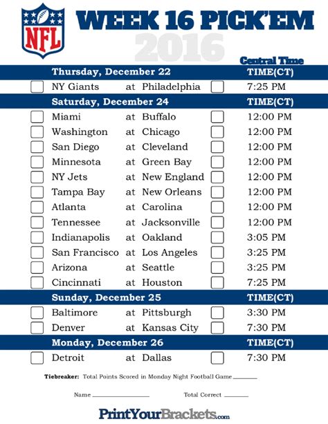 Nfl Schedule Week 16 Printable