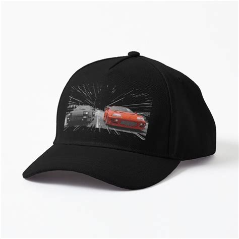 A Baseball Cap With An Image Of A Red Sports Car On The Front And Side