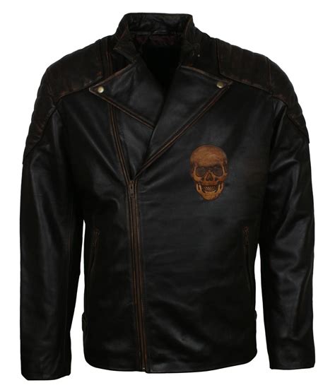 Biker Skull Leather Jacket For Men In Black Leather Fiction