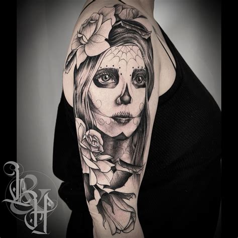 Black And Grey Day Of The Dead Girl Tattoo