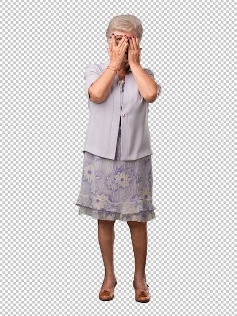 Premium Psd Full Body Senior Woman Feels Worried And Scared Looking