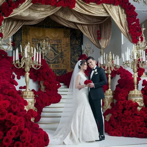 A Man And Woman Stand In Front Of A Stage With Red Roses Premium Ai