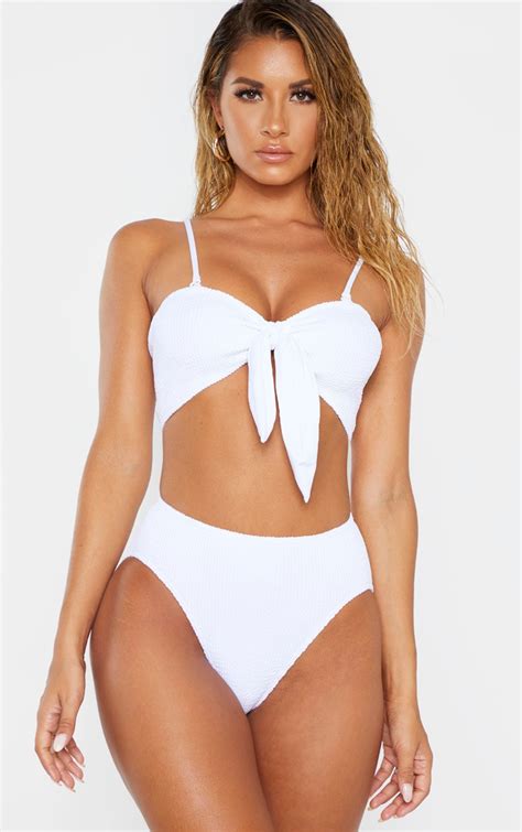 White Crinkle Bow Bikini Top Swimwear Prettylittlething