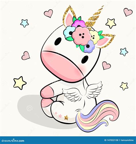 Unicornio Lindo Del Beb Con Los Corazones Las Estrellas Y Las Nubes