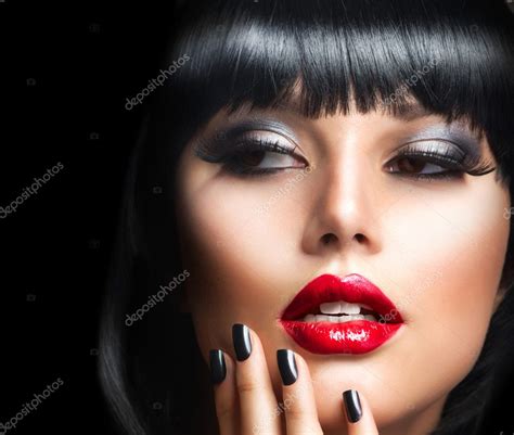 Beautiful Brunette Girl Portrait Face Makeup Sensual Red Lips Stock