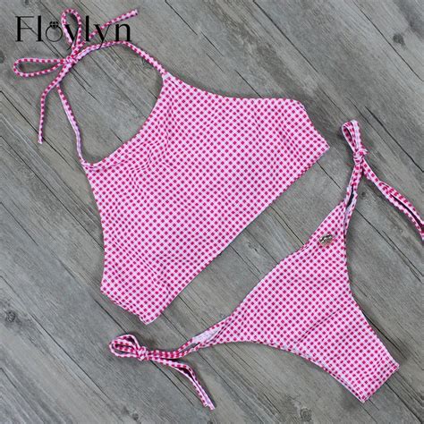 Floylyn Sexy Red Plaid Print Tank Top Bikini Swimsuit Halter Strappy