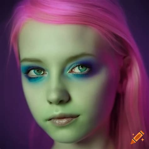 Portrait Of A Beautiful Alien Girl With Green Skin Purple Eyes And Pink Hair Smiling Warmly On