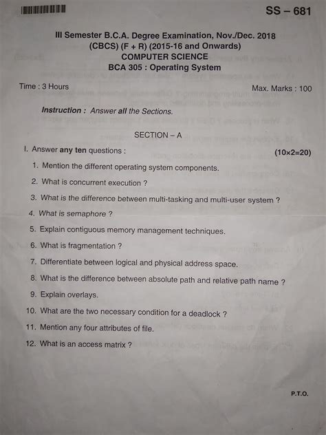 BCA Question Paper Bangalore University BCA 3rd Semester Operating