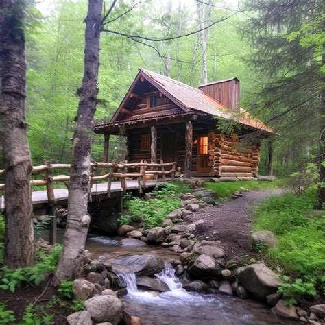 A Log Cabin In The Woods With A Stream Running Through It S Foreground