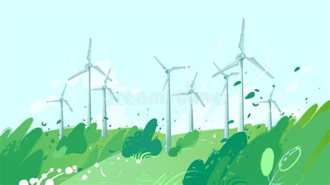 Spinning Wind Turbines In The Field With Leaves Blowig Out Of The Stock Vector Illustration Of