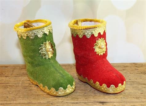 2 Japan Vintage Flocked Santa Boots Ornaments Red Green Focking Vintage Christmas Mid