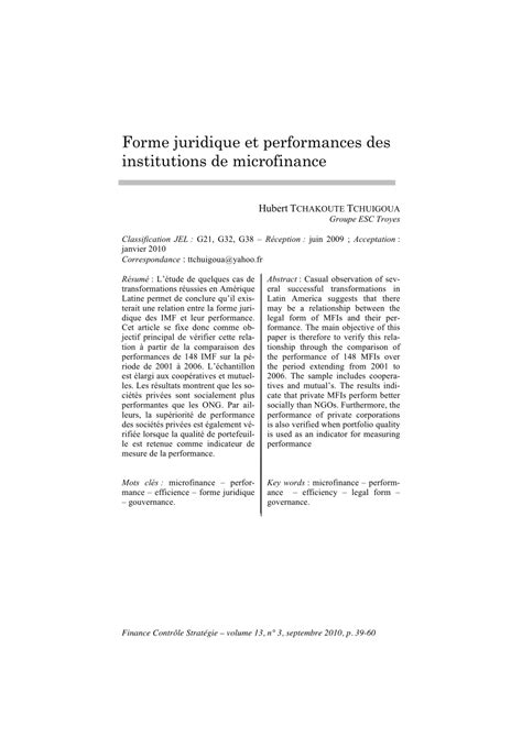 Mesurer La Performance Des Institutions De Microfinance Un Cadre