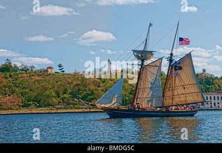 Rare photo of replica of Amistad ship of 1839 with both American and Stock Photo - Alamy