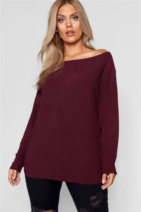 Plus Caroline Off The Shoulder Knitted Jumper At