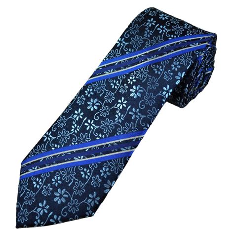 Tresanti Celeste Navy Royal Blue And Silver Striped Tie With Pale Blue Floral Pattern Men S Silk