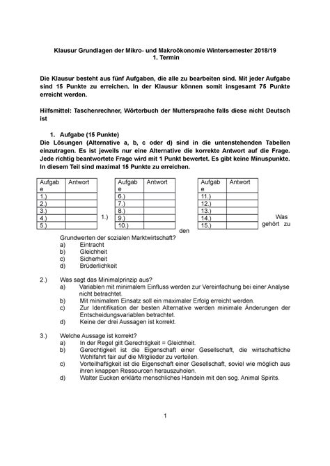 Klausur Mikro Makro Erster Termin Klausur Grundlagen Der Mikro