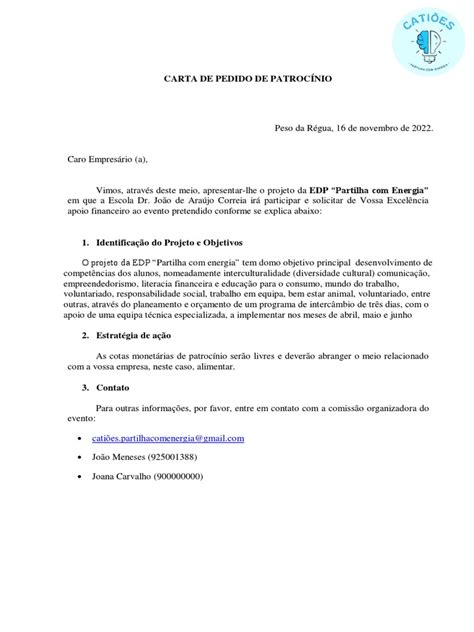 Carta De Patrocinio Pedido De Patrocínio Pdf