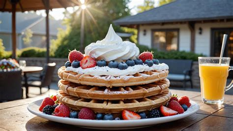 A Waffle With Fruit And Whipped Cream On Top Stock Photo At