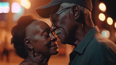 Feliz pareja de ancianos negros abrazándose y compartiendo felicidad en