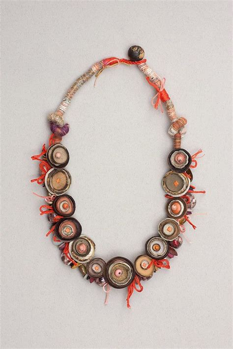 Art Mixed Media Necklace Beaded Chunky Jewelry Brown Orange Peach