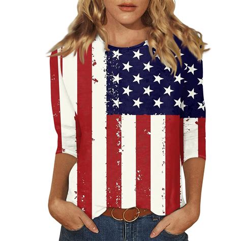 Purjkpu 4th Of July 34 Sleeve Tops For Women Independence Day American Flag Star Stripe Shirts