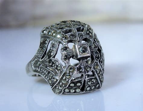 Marcasite Ring, Sterling Silver Marcasite Ring, Marcasite Dome Ring, Marcasite Art Deco Style ...