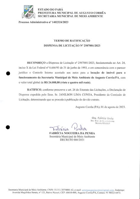 Termo de Ratificação Prefeitura Municipal de Augusto Corrêa Gestão