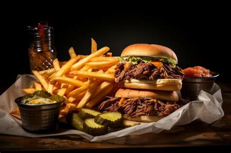 Premium Ai Image A Pulled Pork Sandwich And Fries Combo Generative Ai