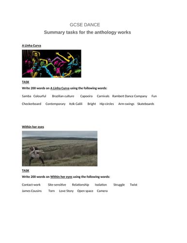 Gcse Dance Summary Tasks For The Anthology Works Teaching Resources