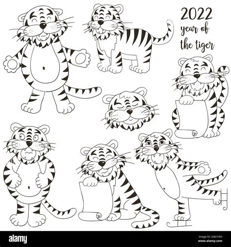 Symbole De 2022 Jeu De Tigres En Forme De Dessin à La Main Faces De