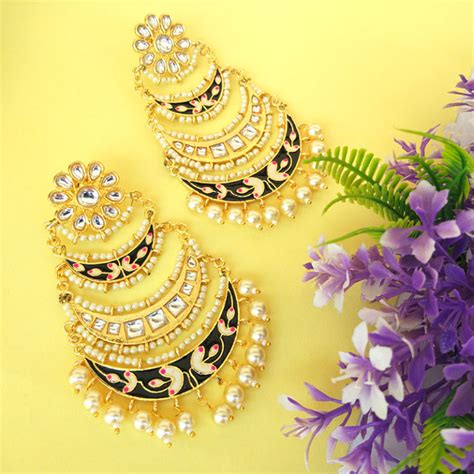 Three Layer Black Meenakari Kundan Chandbali Earring FashionCrab