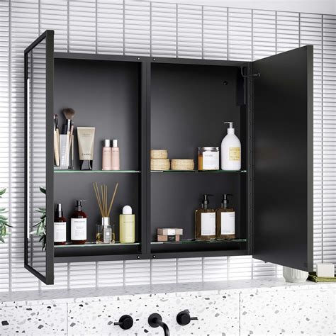 Mia Battery Operated Black Framed Illuminated LED Mirror Cabinet 710x800mm