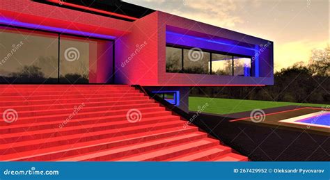 Glowing Red Steps Of The Large Stone Stairs Looks Amazing At Night