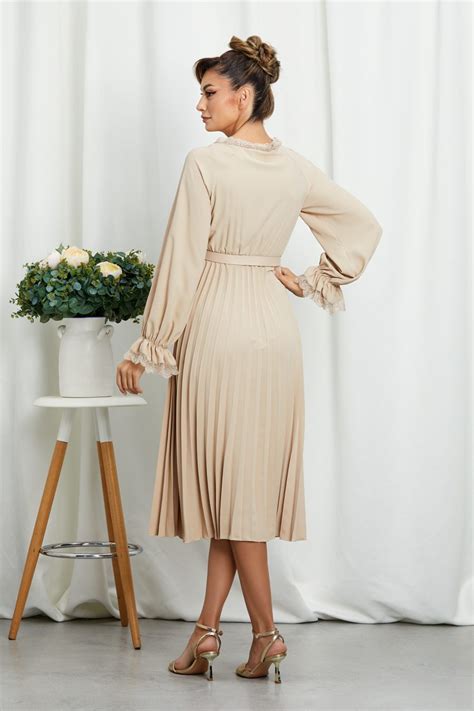 Nude Midi Βραδινό Μακρυμάνικο Φόρεμα Με Δαντέλα Gretel T7567