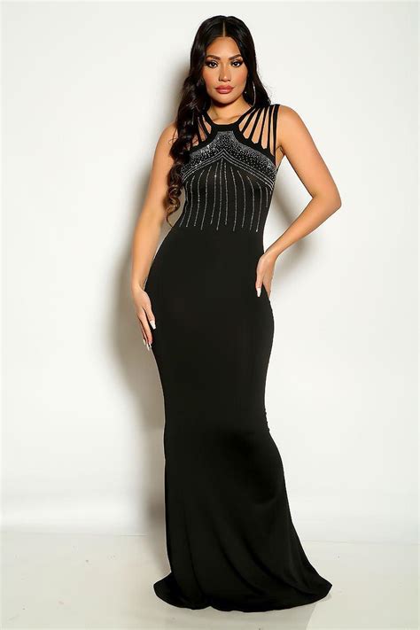 Black Sleeveless Rhinestone Strappy Maxi Party Dress Amiclubwear