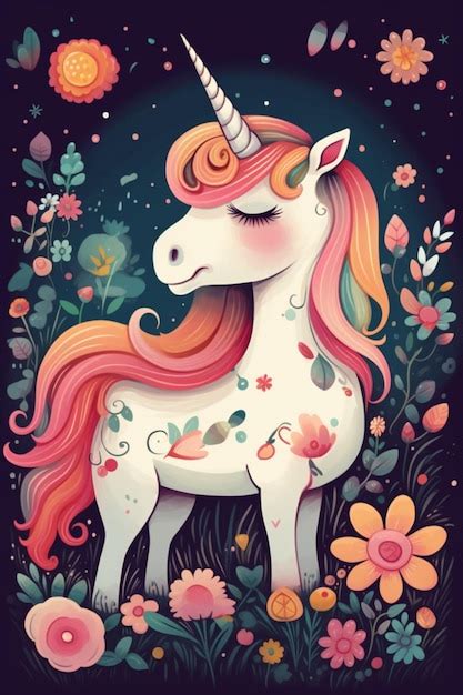 Un Unicornio Con Melena De Arco Ris Y Flores Foto Premium