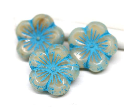 22mm Large Blue Flower Beads Mixed Beige Czech Glass Big Etsy