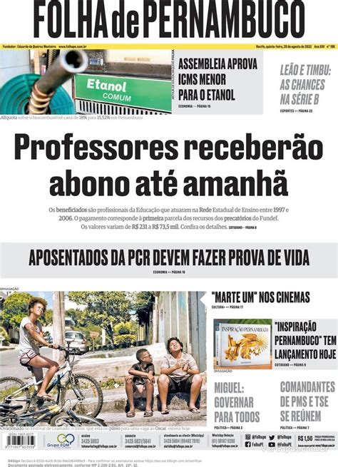 Capa Folha De Pernambuco Edi O Quinta De Agosto De