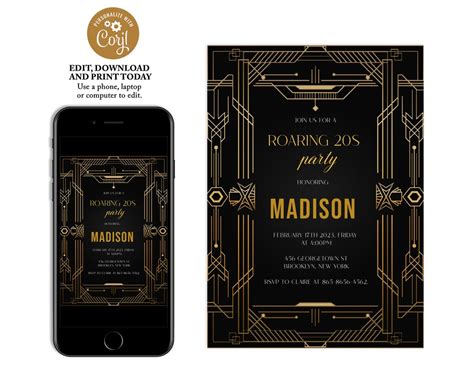 Great Gatsby Birthday Invitation Roaring 20s Invitation Party Like