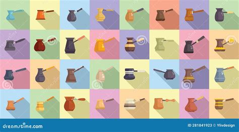 Turkish Coffee Pot Icons Set Flat Vector Cafe Cook Stock Vector