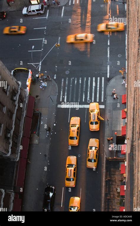 Birds Eye View Of Yellow Taxicabs In Midtown Manhattan New York City