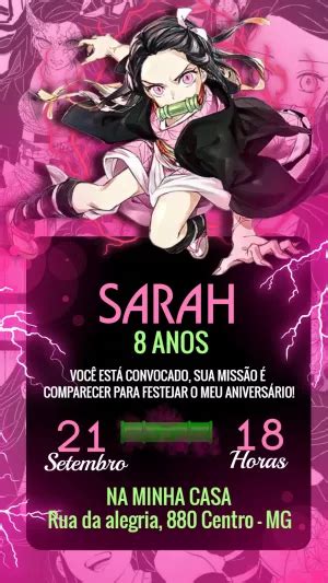 Convite Aniversário Demon Slayer Nezuko Kamado Edite grátis nosso