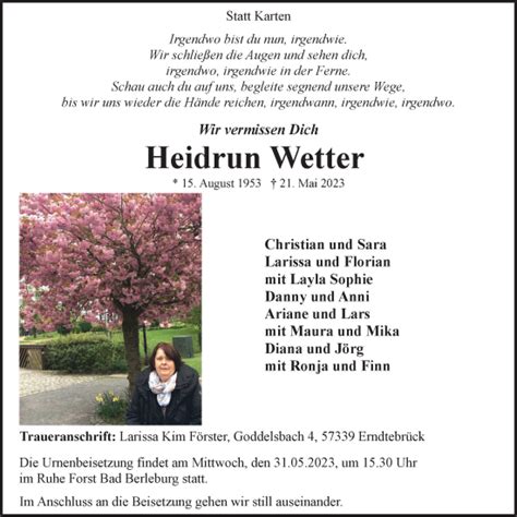 Traueranzeigen Von Heidrun Wetter Trauer In NRW De