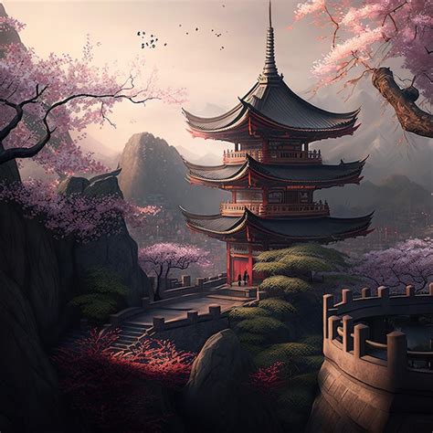 Premium Ai Image A Painting Of A Japanese Style Building With A Pink