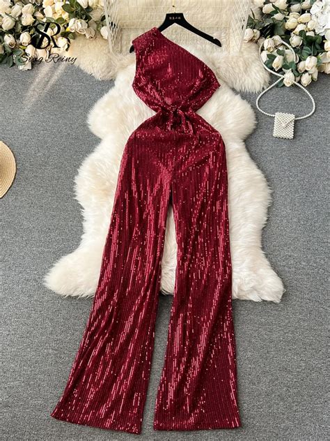 SINGREINY American Retro Sequin Jumpsuit Diagonal Collar Solid Long