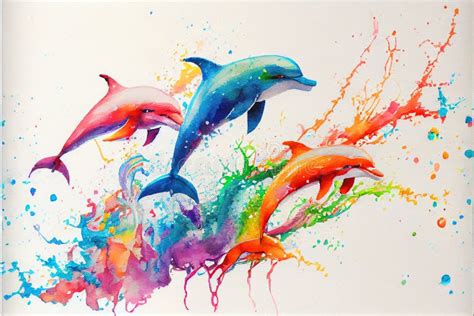 Colorful Rainbow Jumping Dolphin Dolphins Watercolor Painting Stock