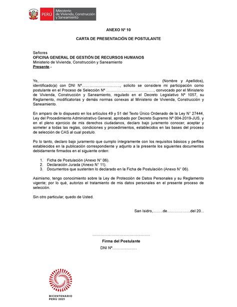 Declaracionjurada SDFSFDS ANEXO Nº 10 CARTA DE PRESENTACIÓN DE