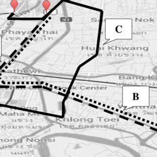 Map of the study routes-Route A (dash line) is A/C bus, non-A/C bus ...